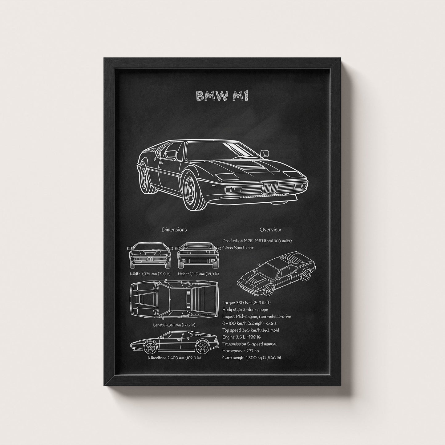 Framed black and white BMW M1 E26 poster on a light gray background