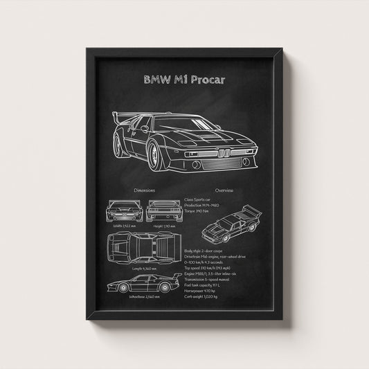Framed poster of a BMW M1 Procar design on a black background