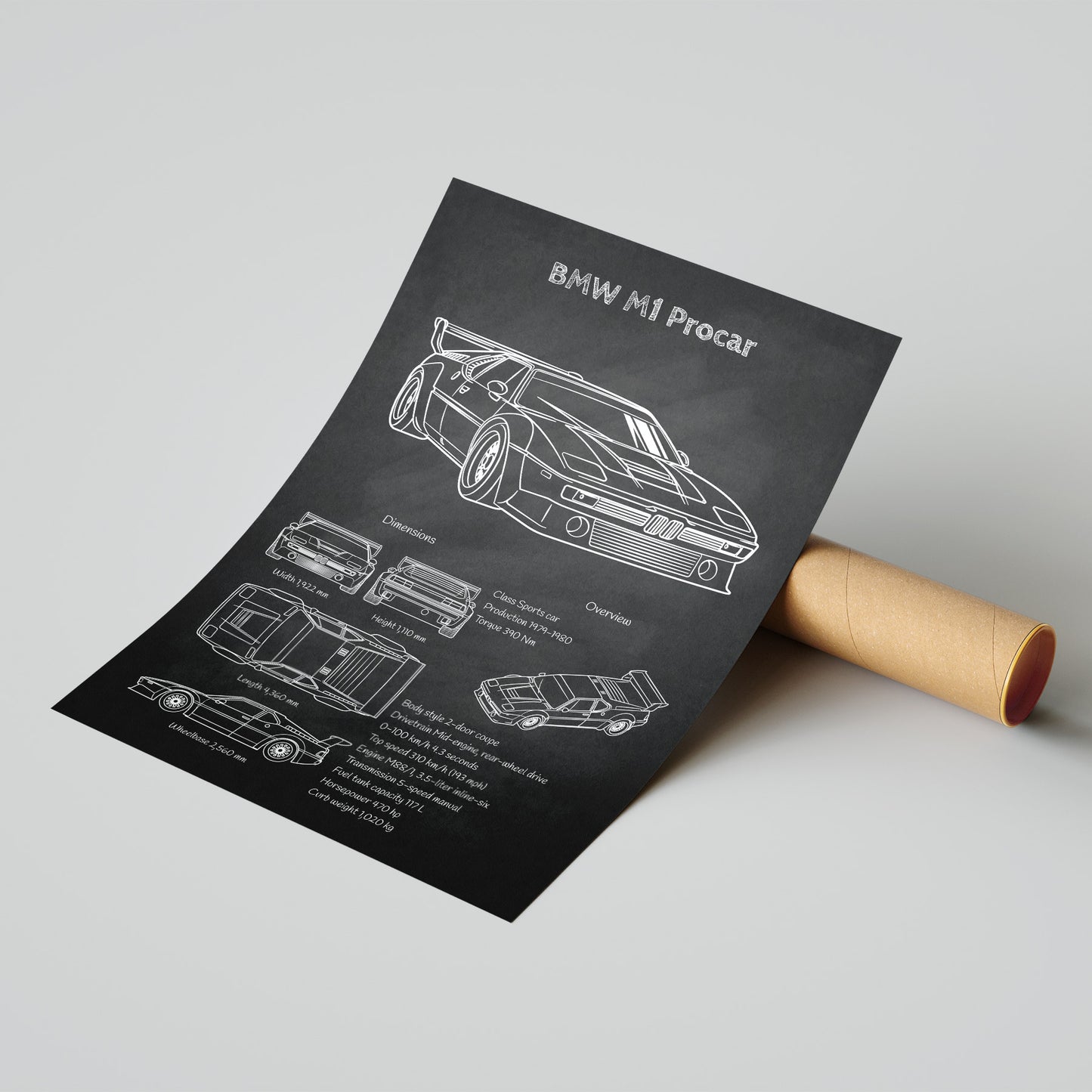 Roll of paper with BMW M1 Procar blueprint on a gray background