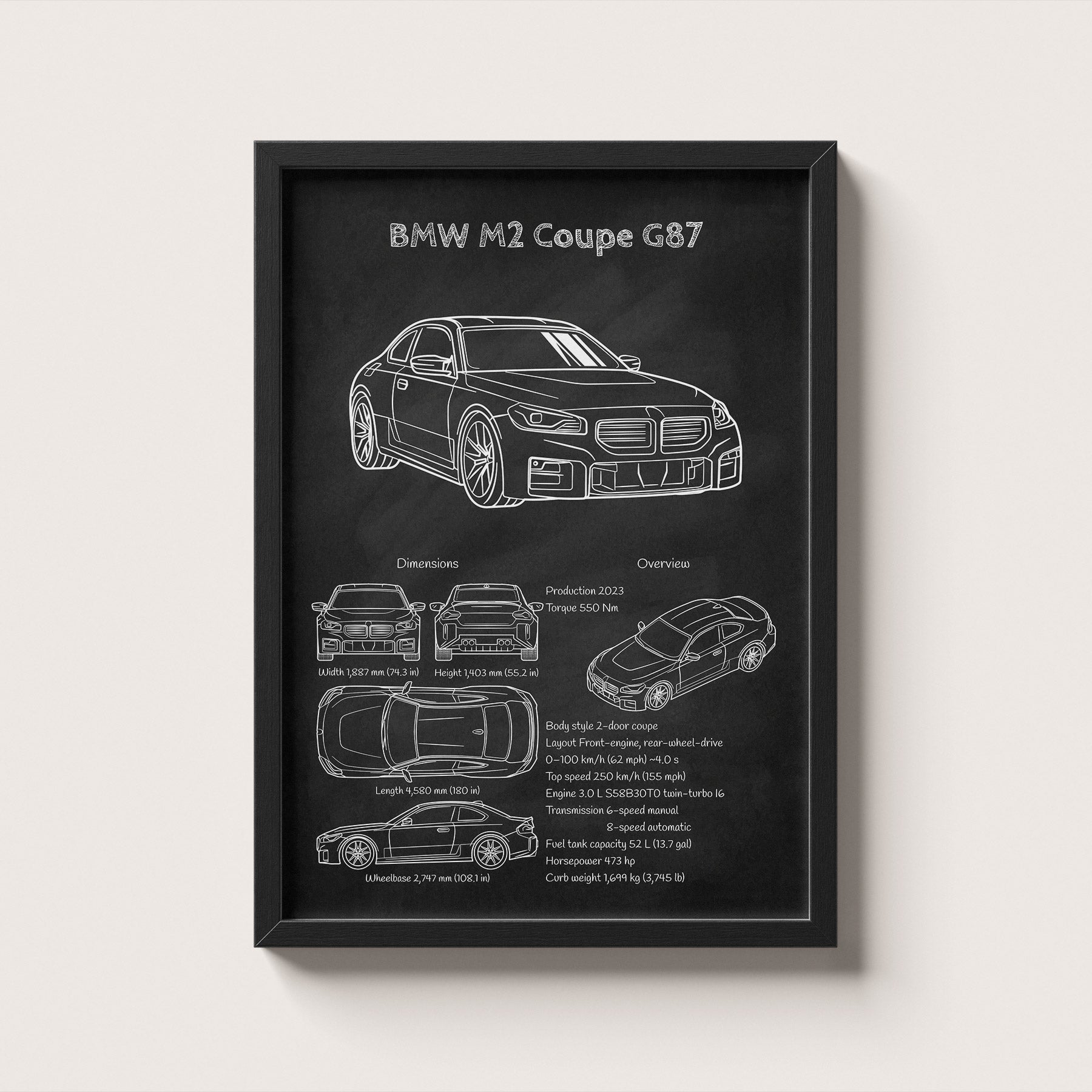 Framed poster of a BMW M2 Coupe G87 on a white background