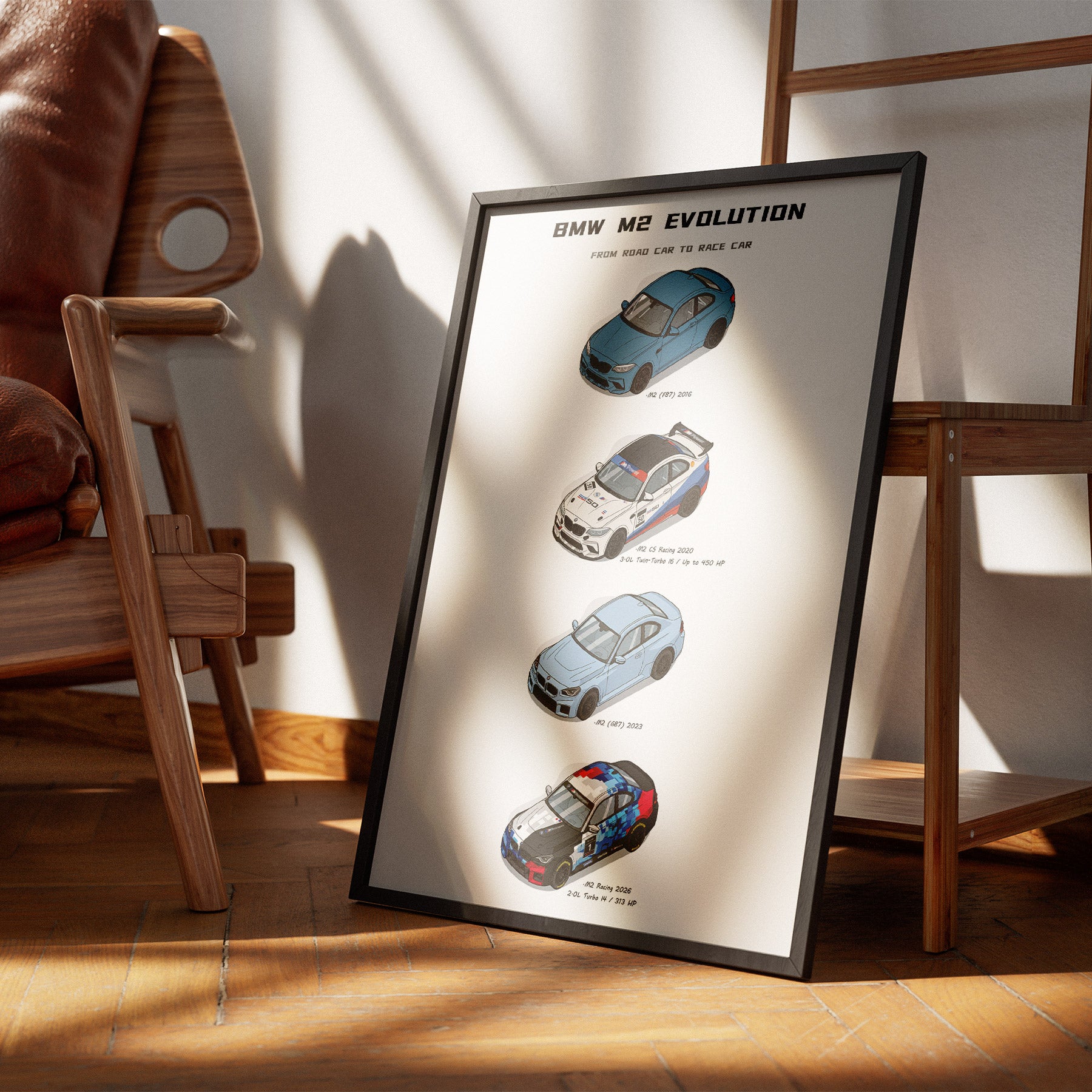 A framed vertical poster titled 'BMW M2 Evolution' leaning against a wall on a wooden floor, showing four illustrated BMW M2 models in a modern room with warm sunlight and wooden furniture.