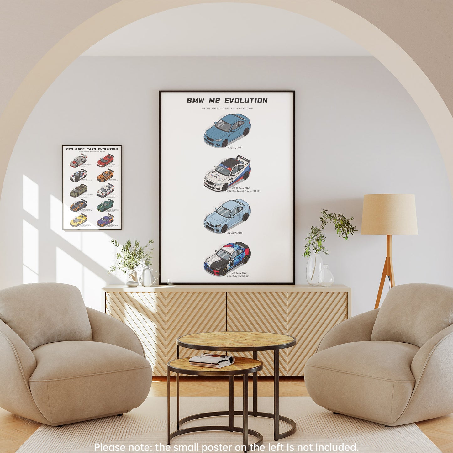 A framed BMW M2 Evolution Poster hangs on a light gray wall in a modern living room setting with beige armchairs, a wooden sideboard, and a floor lamp.