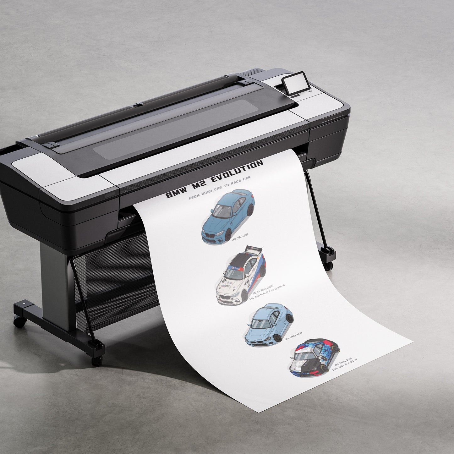 A large black and white industrial printer on a stand, printing and releasing a long white sheet featuring illustrated BMW M2 cars and the text 'BMW M2 Evolution' on a gray studio floor.