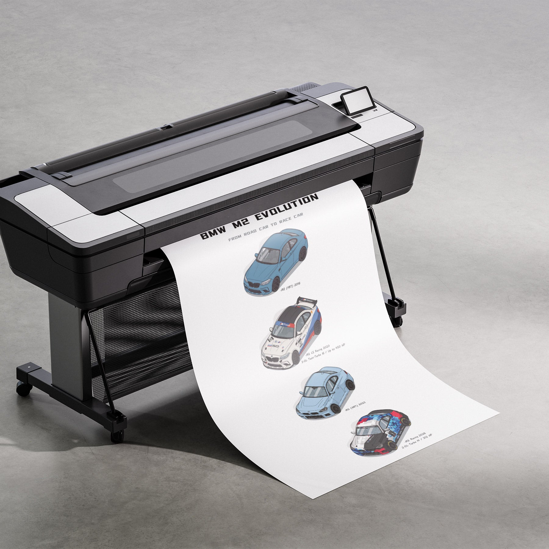 A large black and white industrial printer on a stand, printing and releasing a long white sheet featuring illustrated BMW M2 cars and the text 'BMW M2 Evolution' on a gray studio floor.