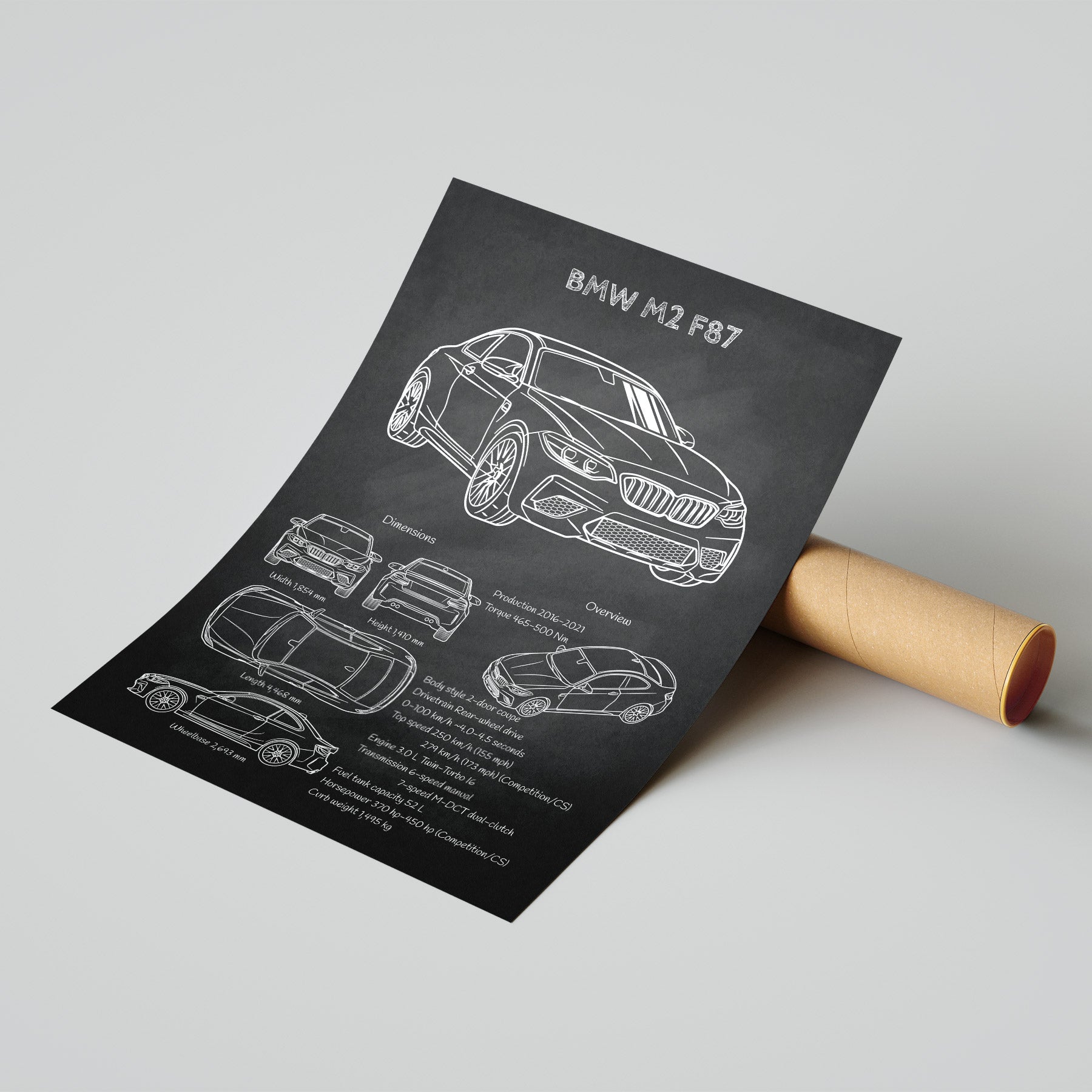 Roll of paper with BMW M2 F87 car blueprint on a gray background