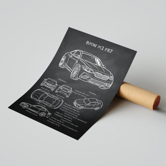 Roll of paper with BMW M2 F87 car blueprint on a gray background