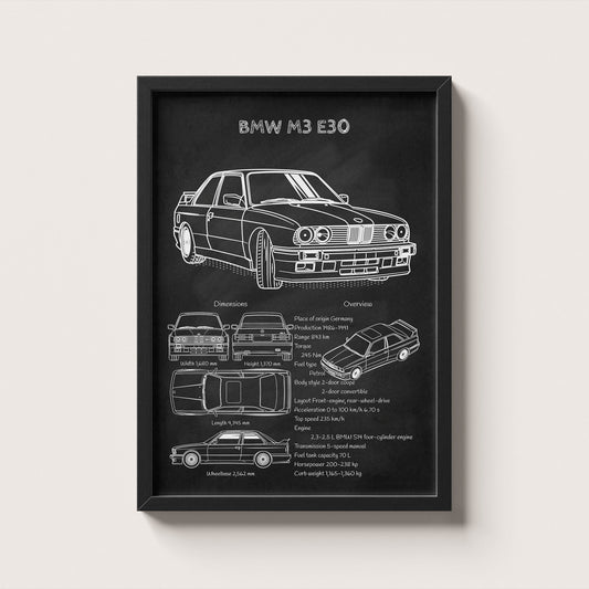 Framed BMW M3 E30 blueprint poster hanging on wall – classic car engineering wall art