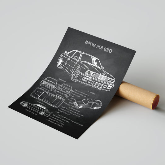 BMW M3 E30 blueprint poster with mailing tube – ready-to-ship automotive wall decor