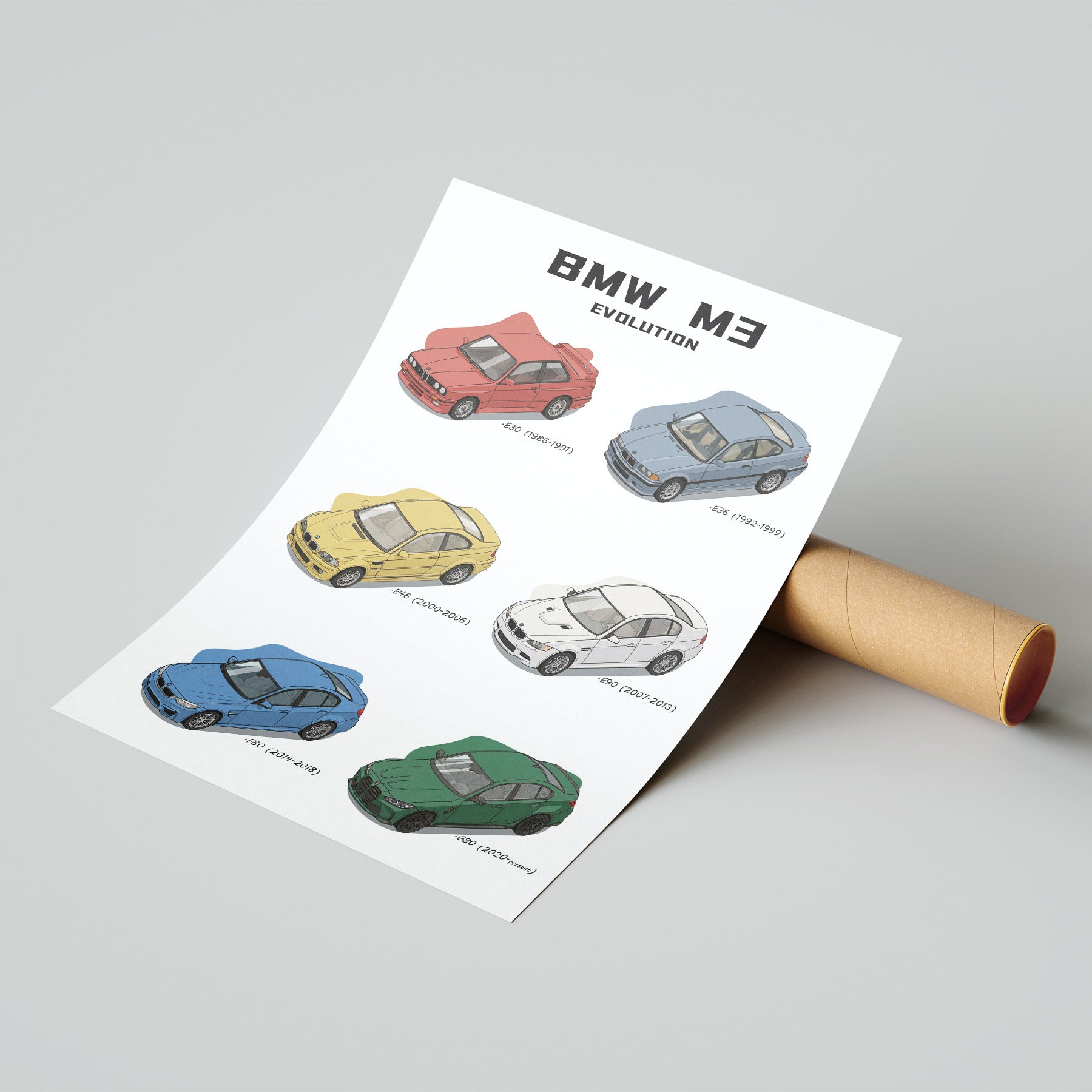 Sheet of paper with illustrations of BMW M3 models on a gray background