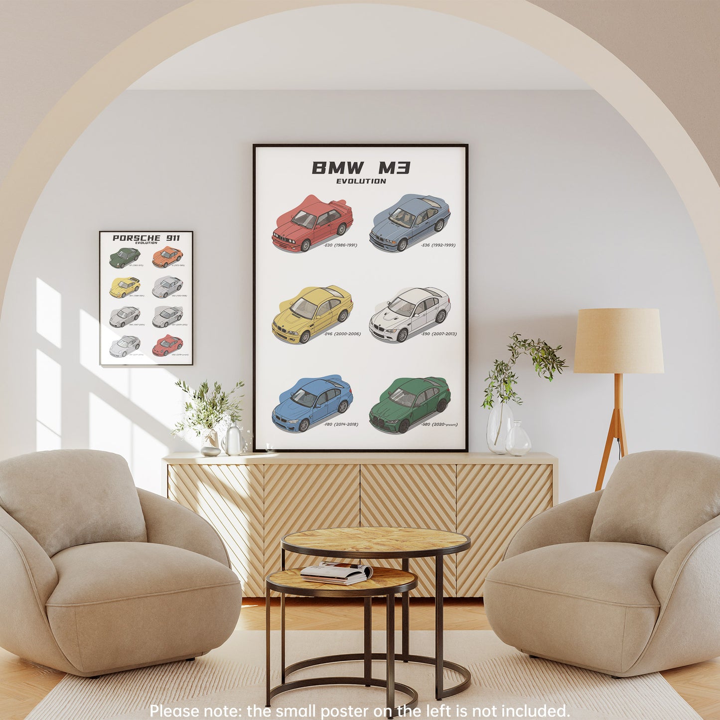 Living room with framed posters of BMW M3 and Porsche 911 on a wall.