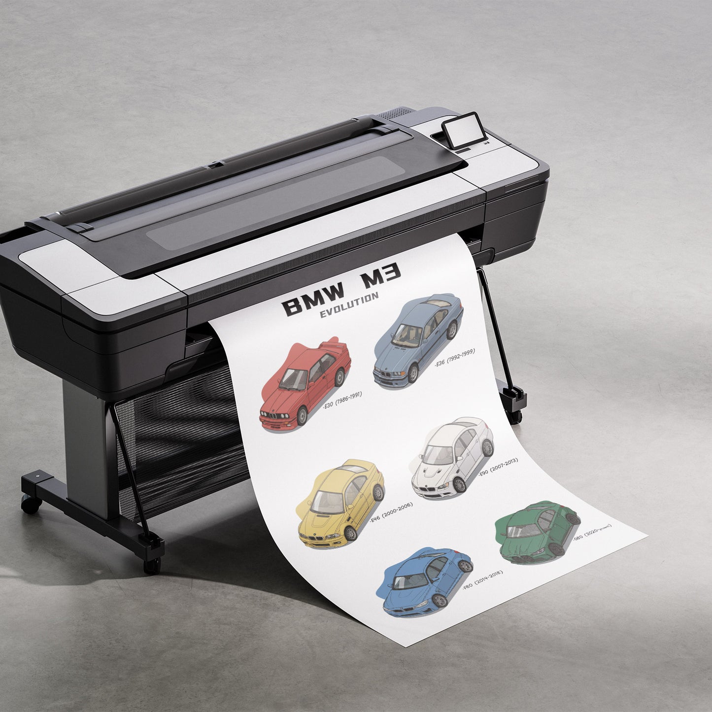 Printer with a sheet of paper displaying images of BMW cars on a gray background