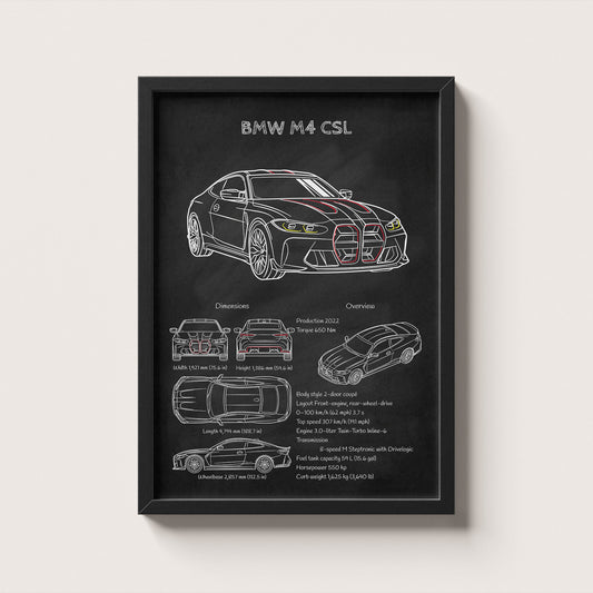 Framed BMW M4 CSL blueprint poster hanging on wall – classic car engineering wall art