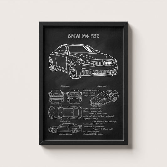 Framed BMW M4 F82 blueprint poster hanging on wall – classic car engineering wall art