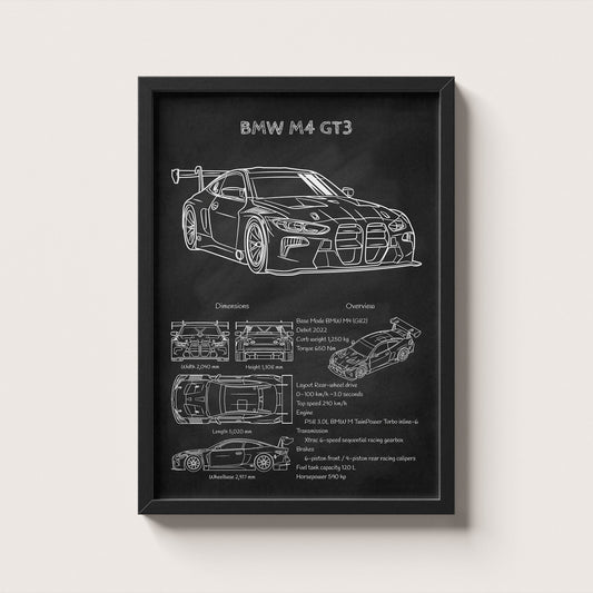 Framed poster of a BMW M4 GT3 with technical details on a white background