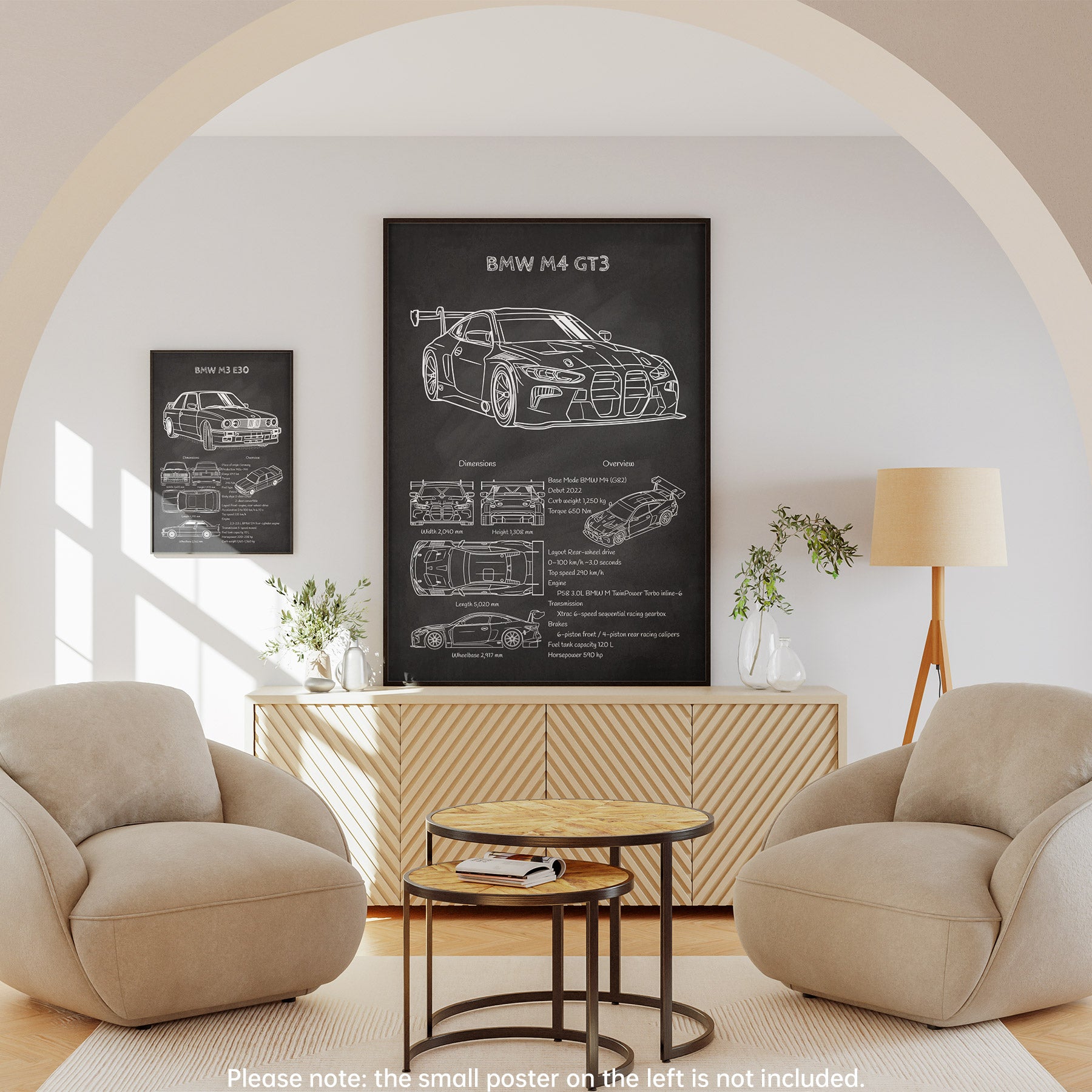 Living room with beige armchairs, a coffee table, and a large BMW M4 GT3 poster on the wall.