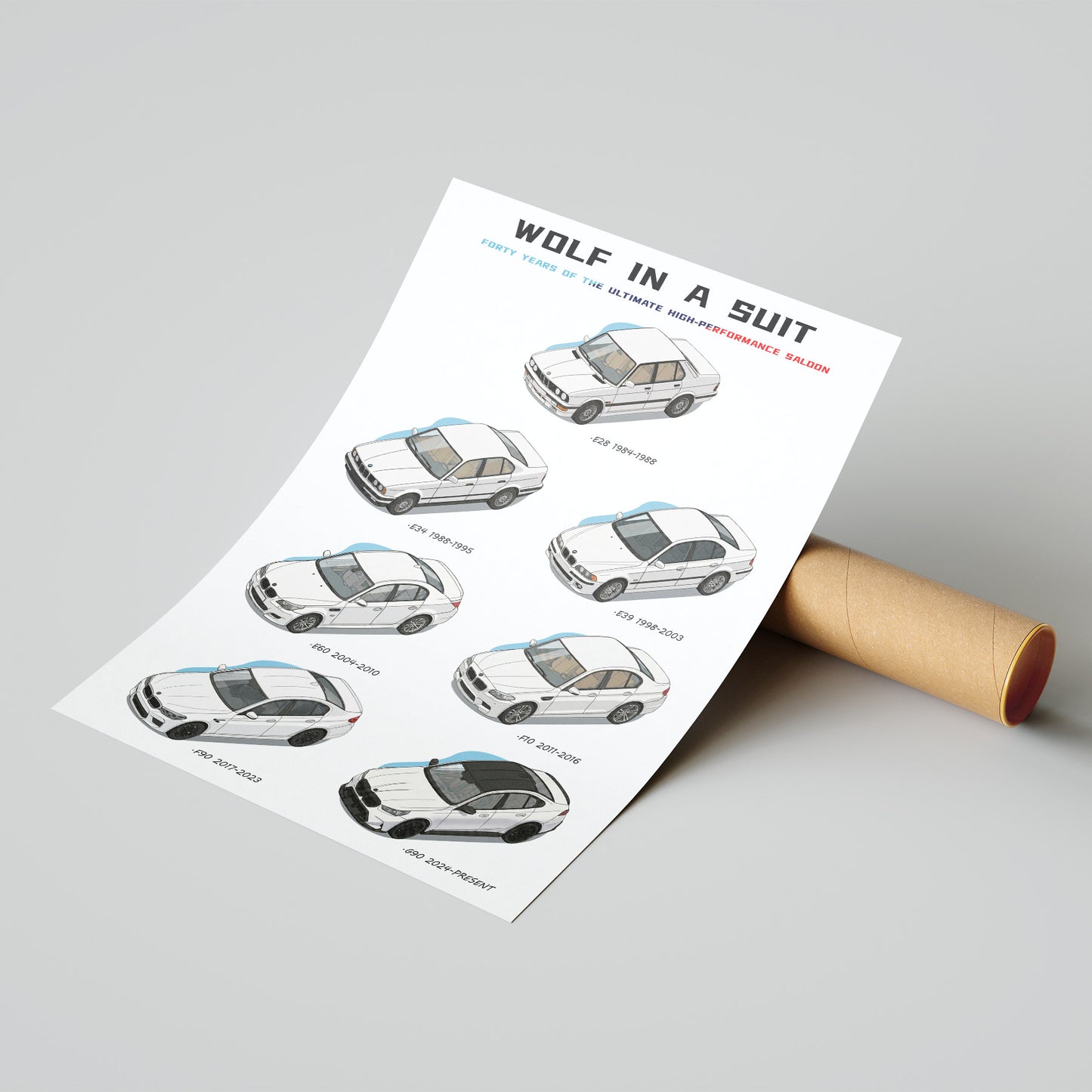 Sheet of BMW M5 Evolution illustrations with 'Wolf in a Suit' text on a gray background