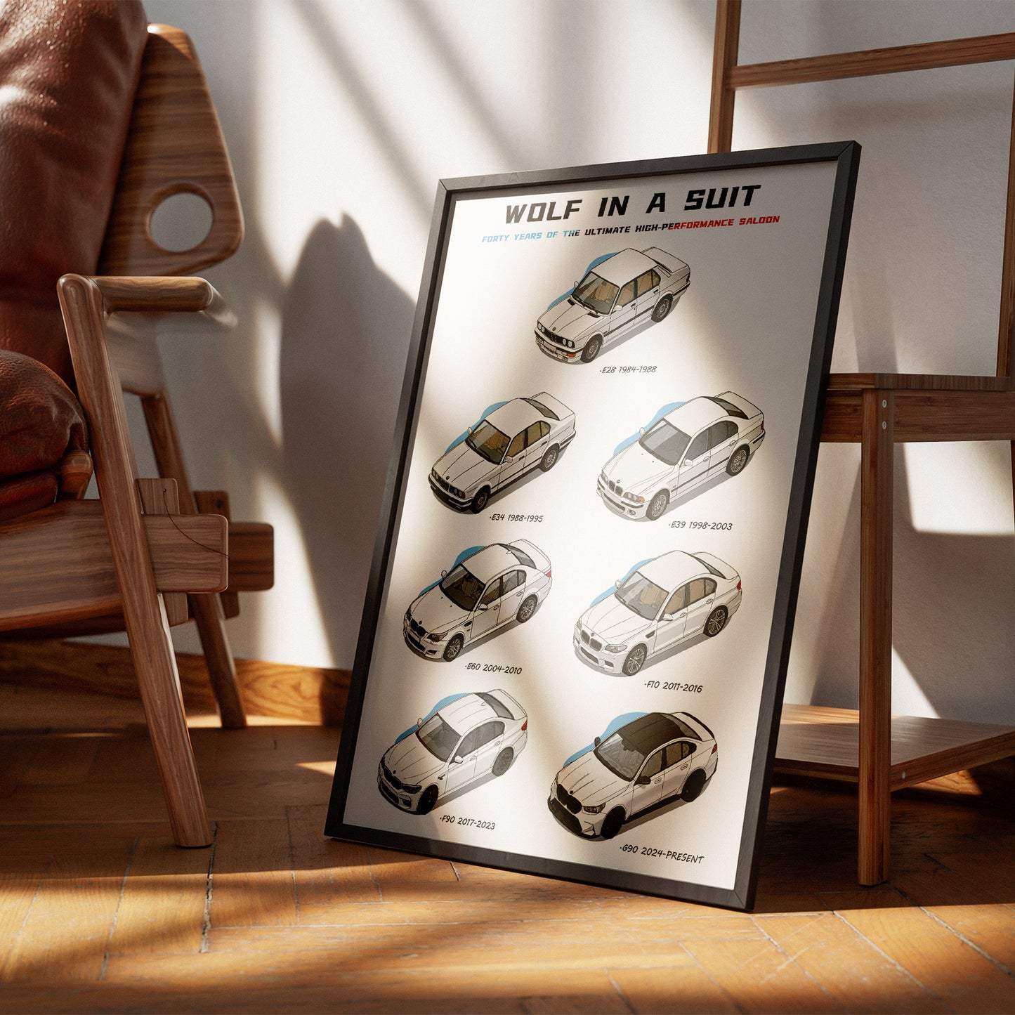 Framed poster titled 'Wolf in a Suit' with BMW M5 Evolution illustrations on a wooden floor.