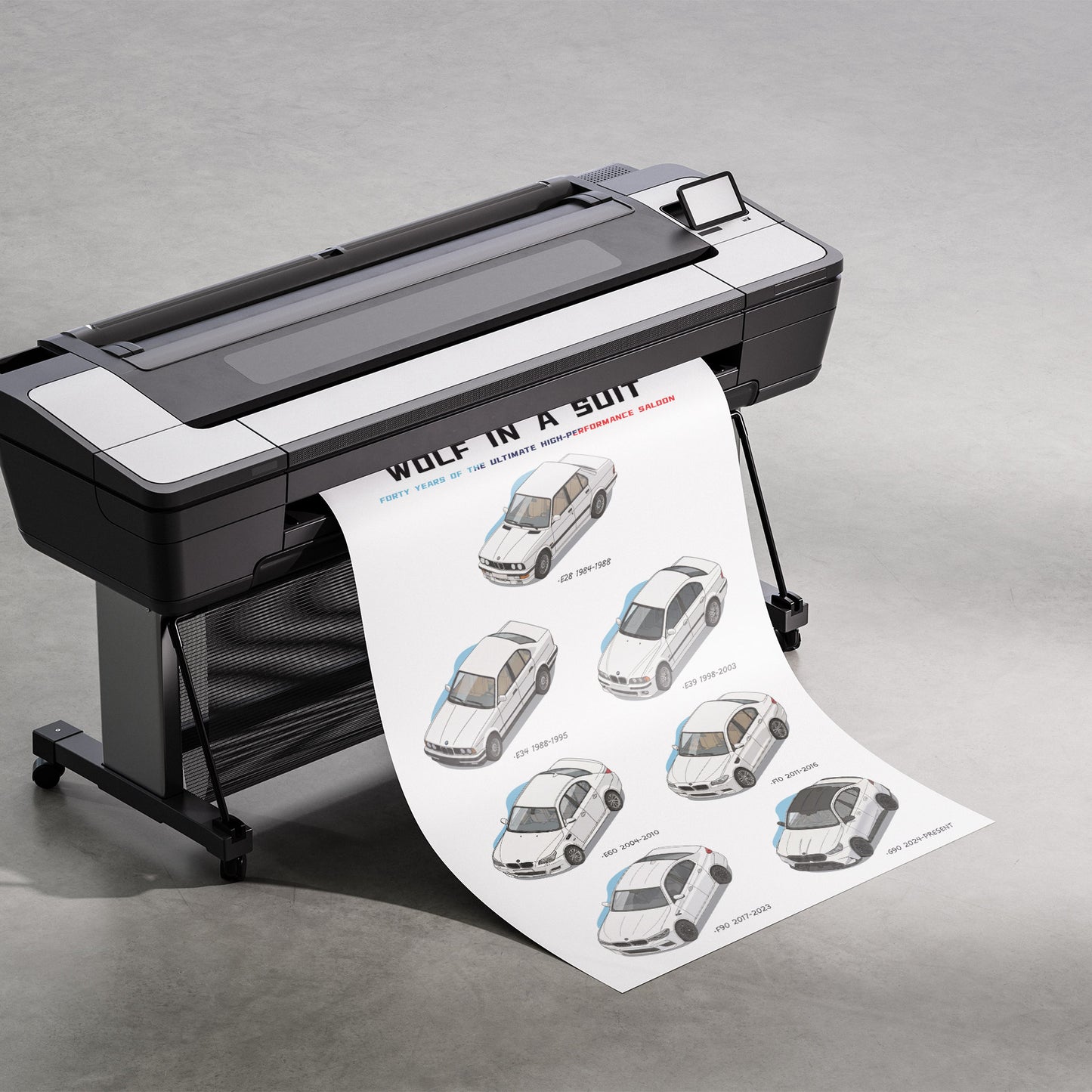 Large format printer with a printed sheet featuring BMW M5 Evolution illustrations on a gray background