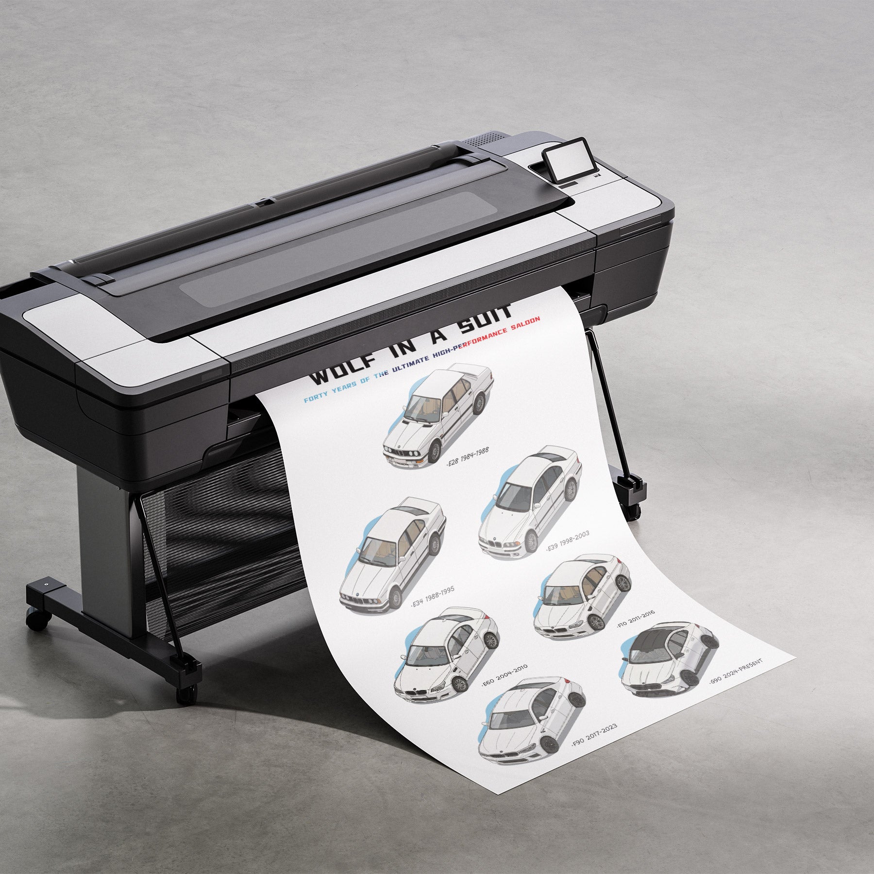 Large format printer with a printed sheet featuring BMW M5 Evolution illustrations on a gray background