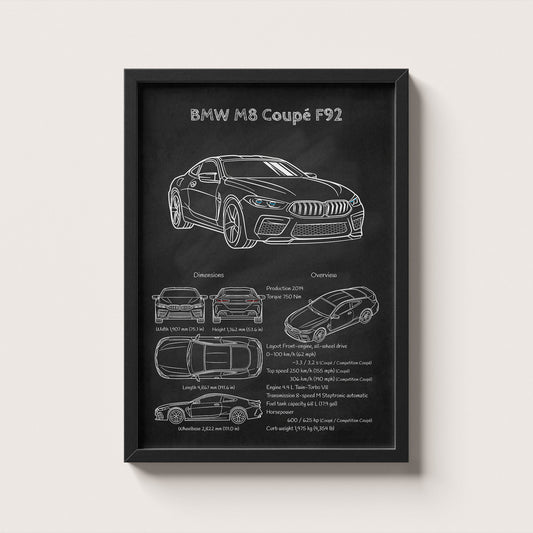 Framed poster of BMW M8 Coupé F92 with technical drawings and specifications on a chalkboard background.