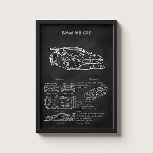 Framed poster of a BMW M8 GTE car design on a white background