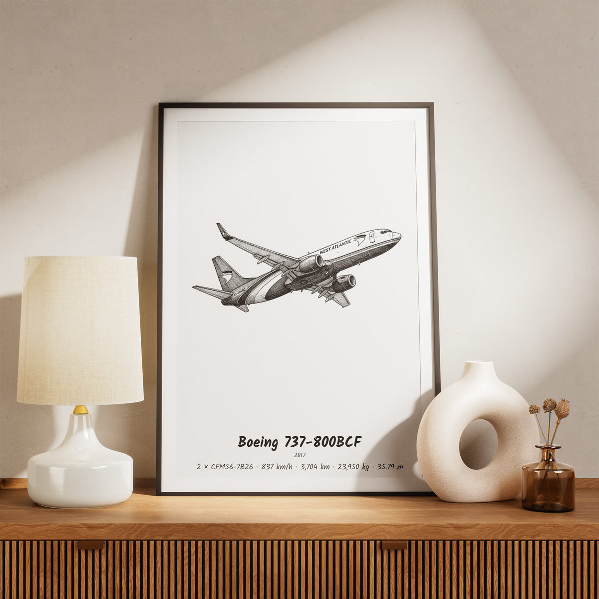 Framed Boeing 737-800BCF Print on a Shelf