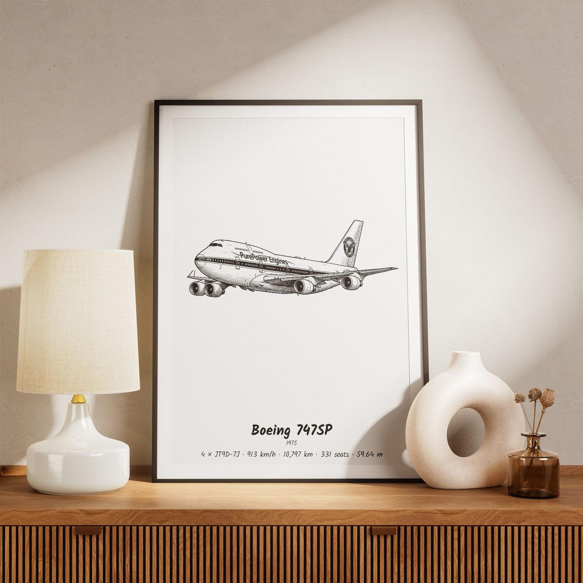 Framed 747SP Print on a Shelf