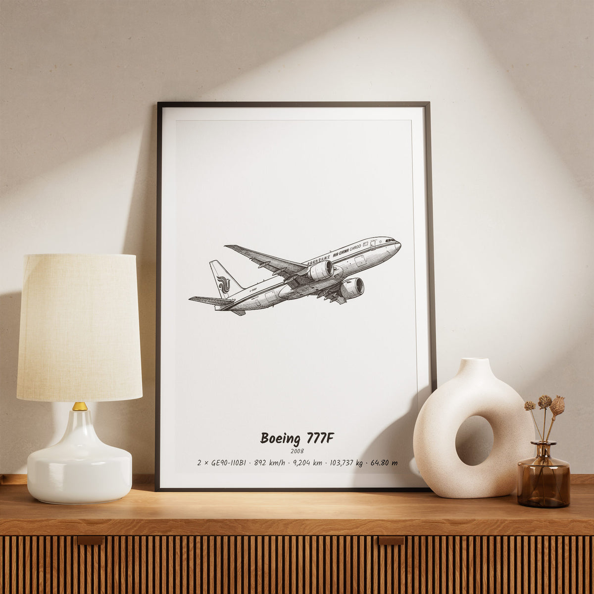 Framed Boeing 777F Print on a Shelf