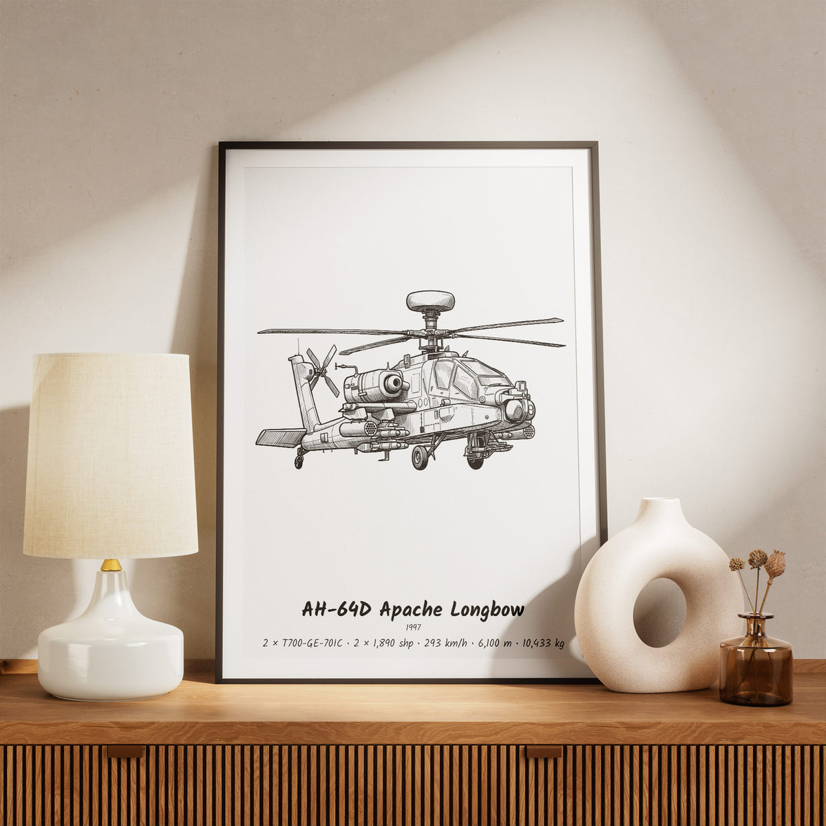 Framed Apache Longbow Print on a Shelf