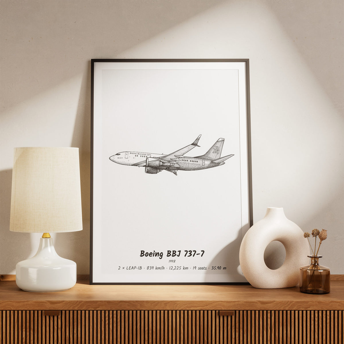 Framed BBJ 737-7 Print on a Shelf