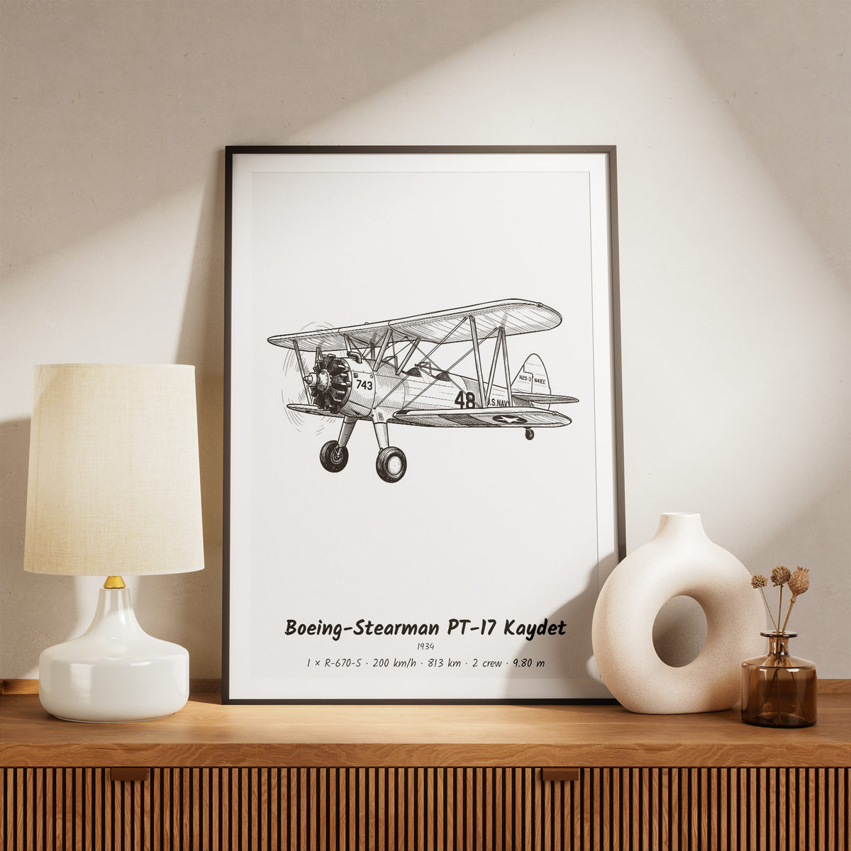 Framed Boeing-Stearman PT-17 Kaydet Print on a Shelf