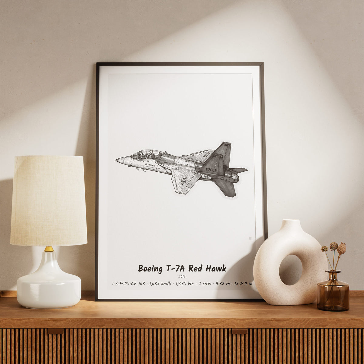 Framed Boeing T-7A Red Hawk Print on a Shelf