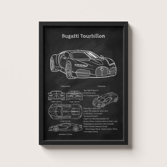 Framed Bugatti Tourbillon sports car blueprint poster hanging on wall – classic car engineering wall art