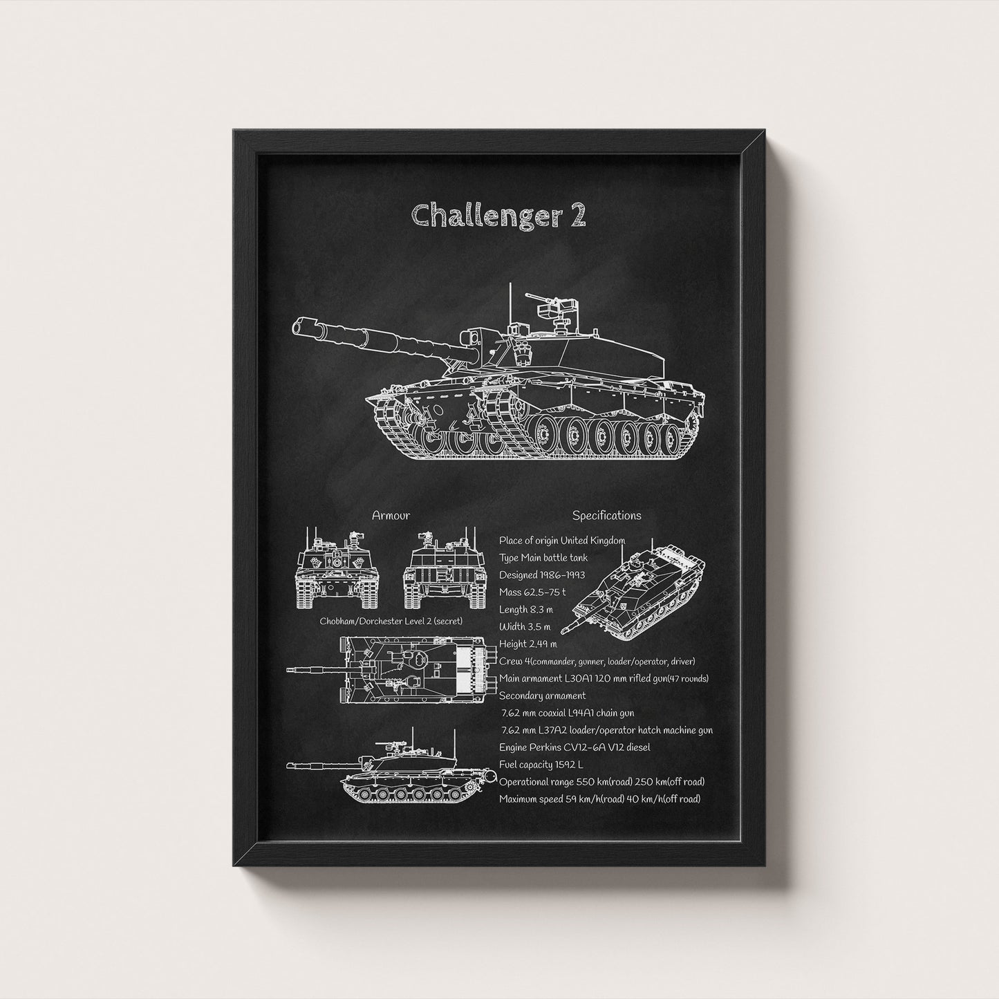 Framed FV4034 Challenger 2 tank blueprint poster hanging on wall – military wall art for home or office