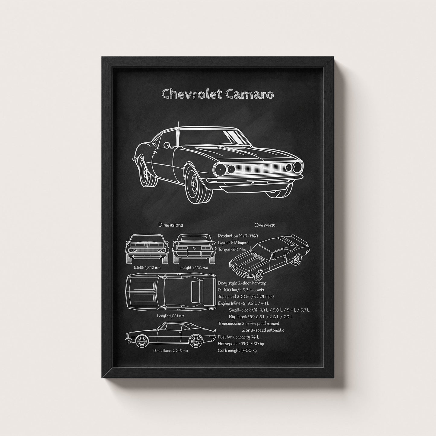 Framed poster of a 1969 Chevrolet Camaro design on a white wall