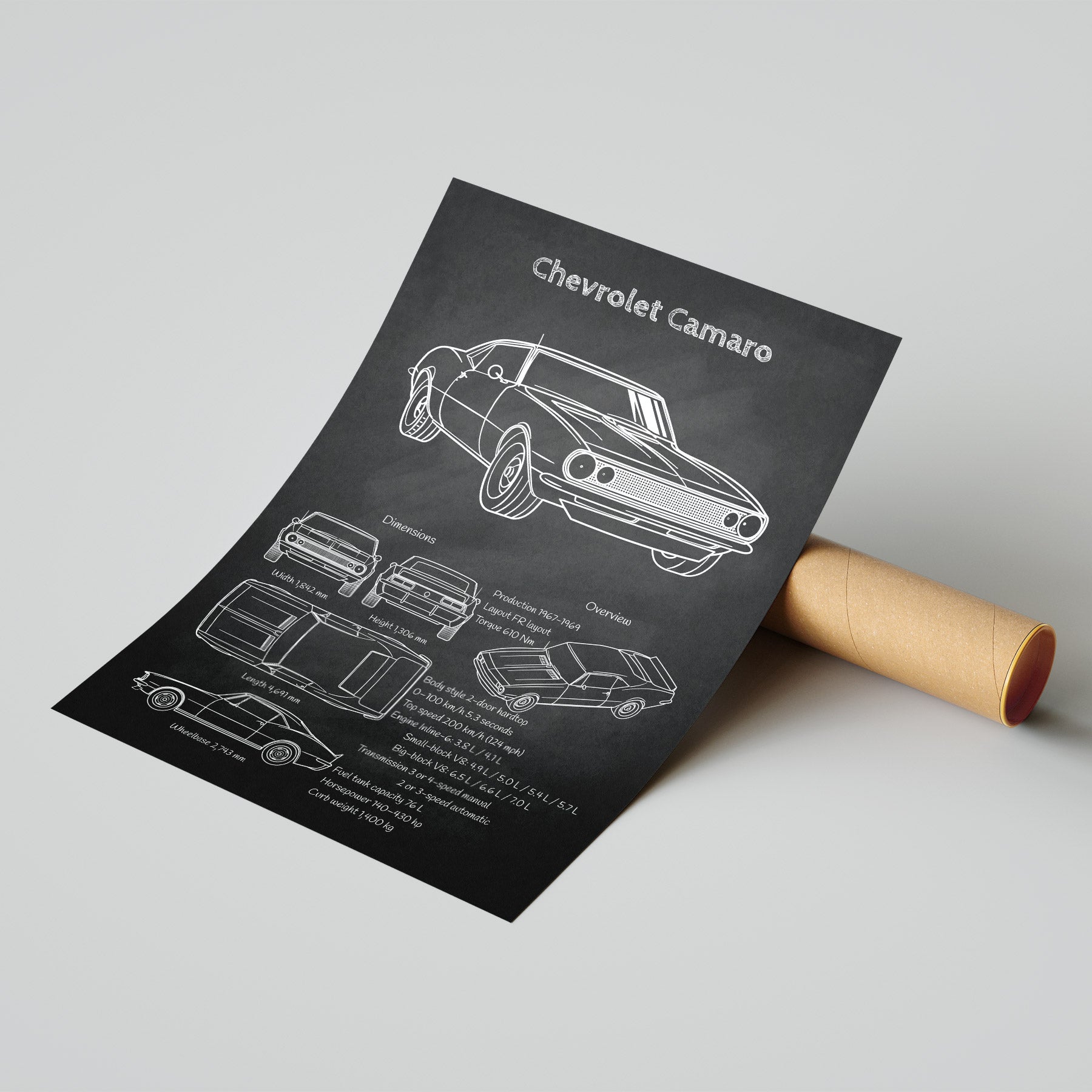 Sheet of paper with a line drawing of a Chevrolet Camaro on a gray background