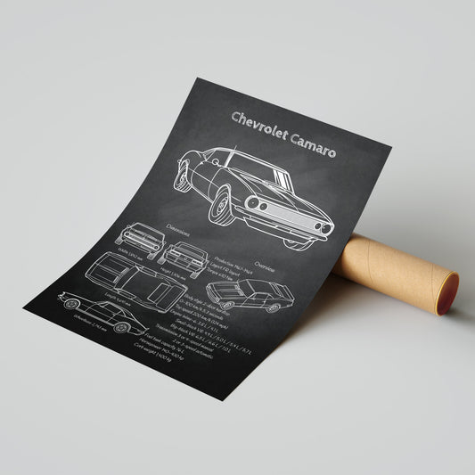 Sheet of paper with a line drawing of a Chevrolet Camaro on a gray background