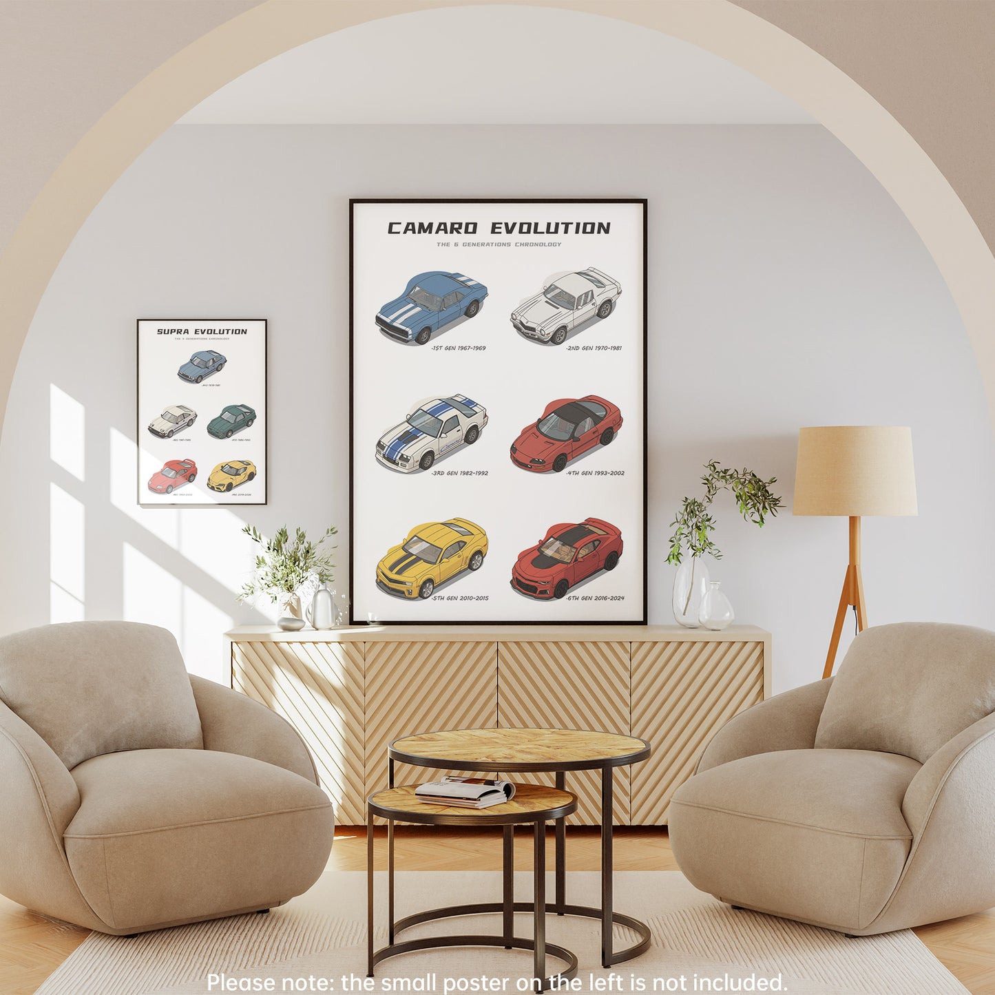 Living room with 'Camaro Evolution' poster on the wall