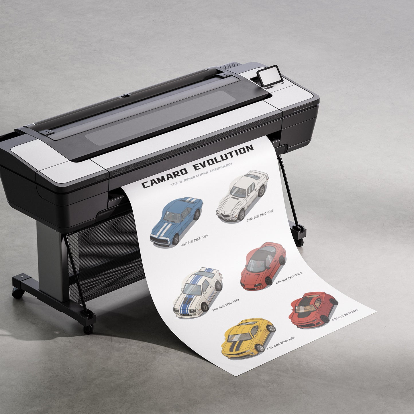 Large format printer with a sheet of paper displaying images of cars on a gray background