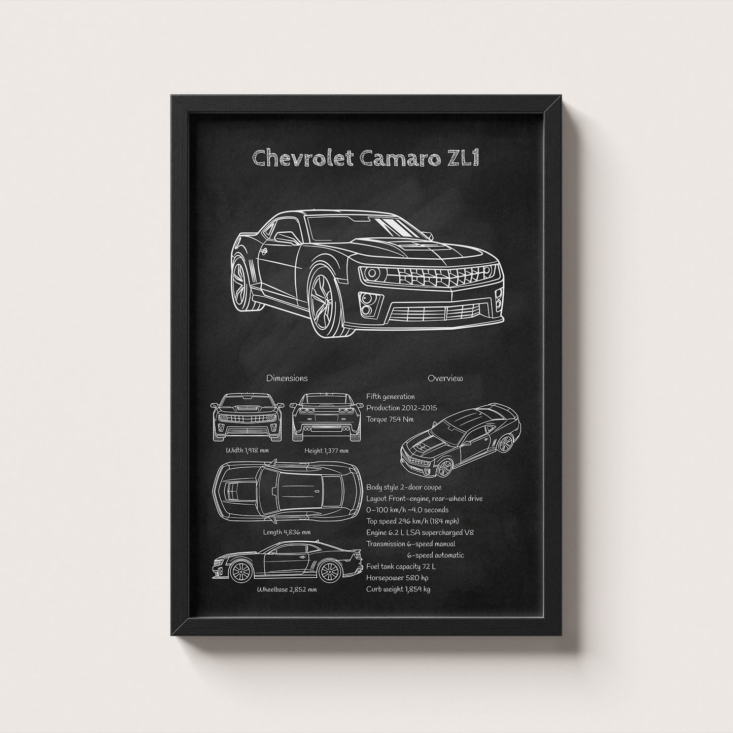Framed poster of a Chevrolet Camaro ZL1 5th Gen with technical drawings on a black background