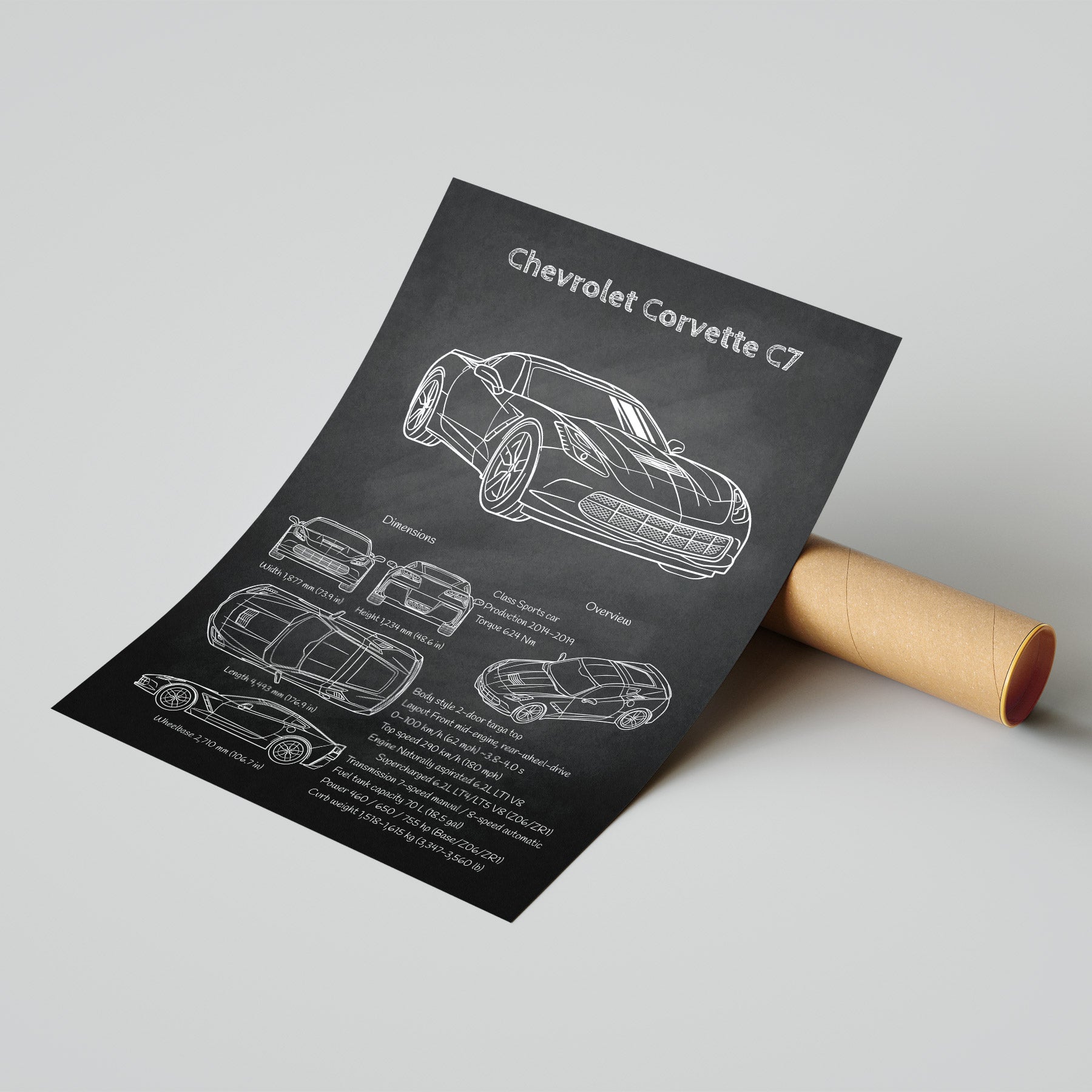 Roll of paper with a blueprint of a Chevrolet Corvette C7 on a gray background