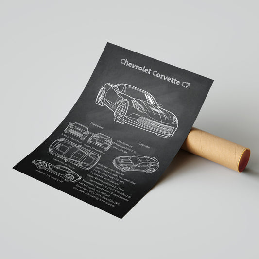 Roll of paper with a blueprint of a Chevrolet Corvette C7 on a gray background