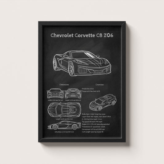 Framed artwork of a Chevrolet Corvette C8 Z06 on a black background