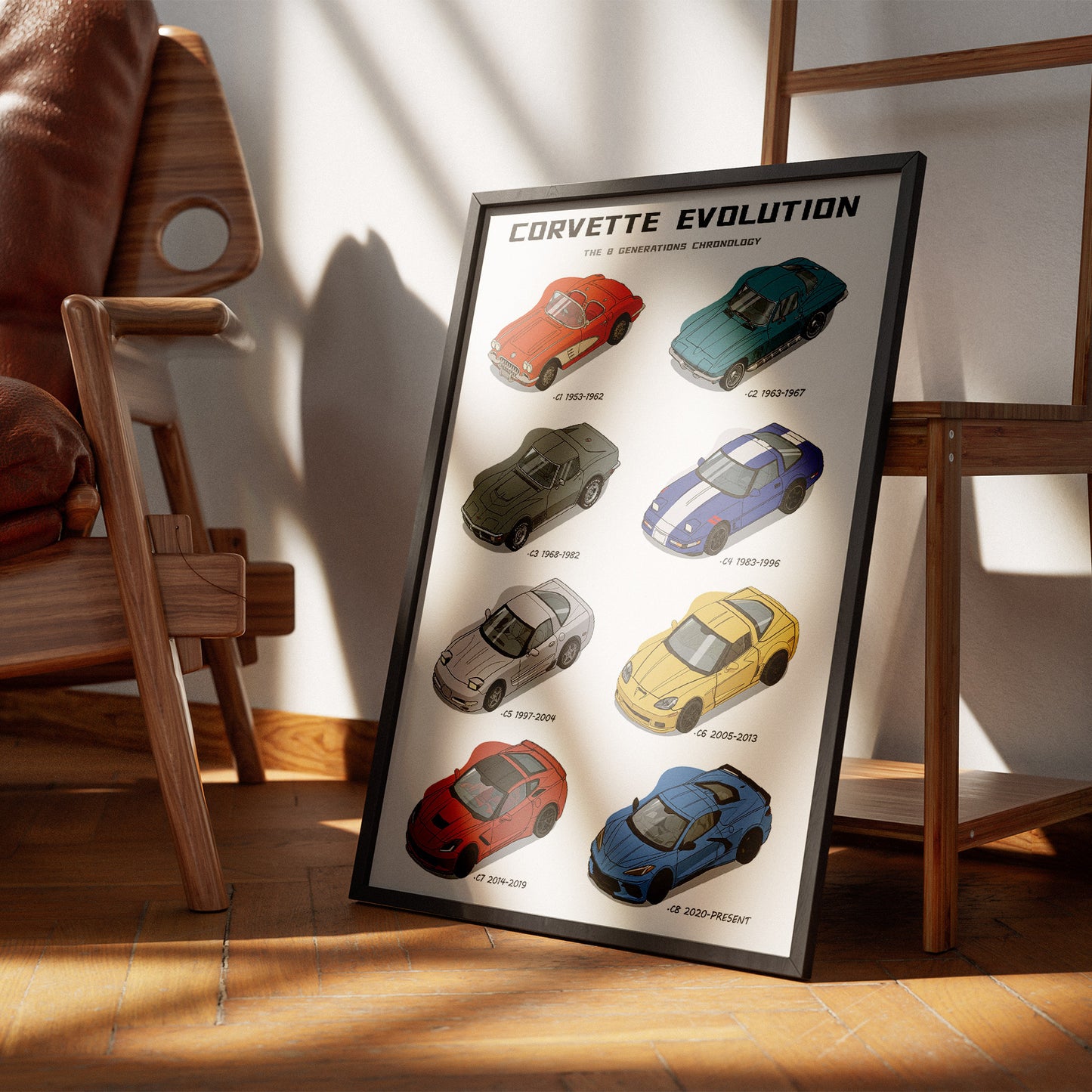 Framed 'Corvette Evolution' poster on a wooden floor with a chair in the background