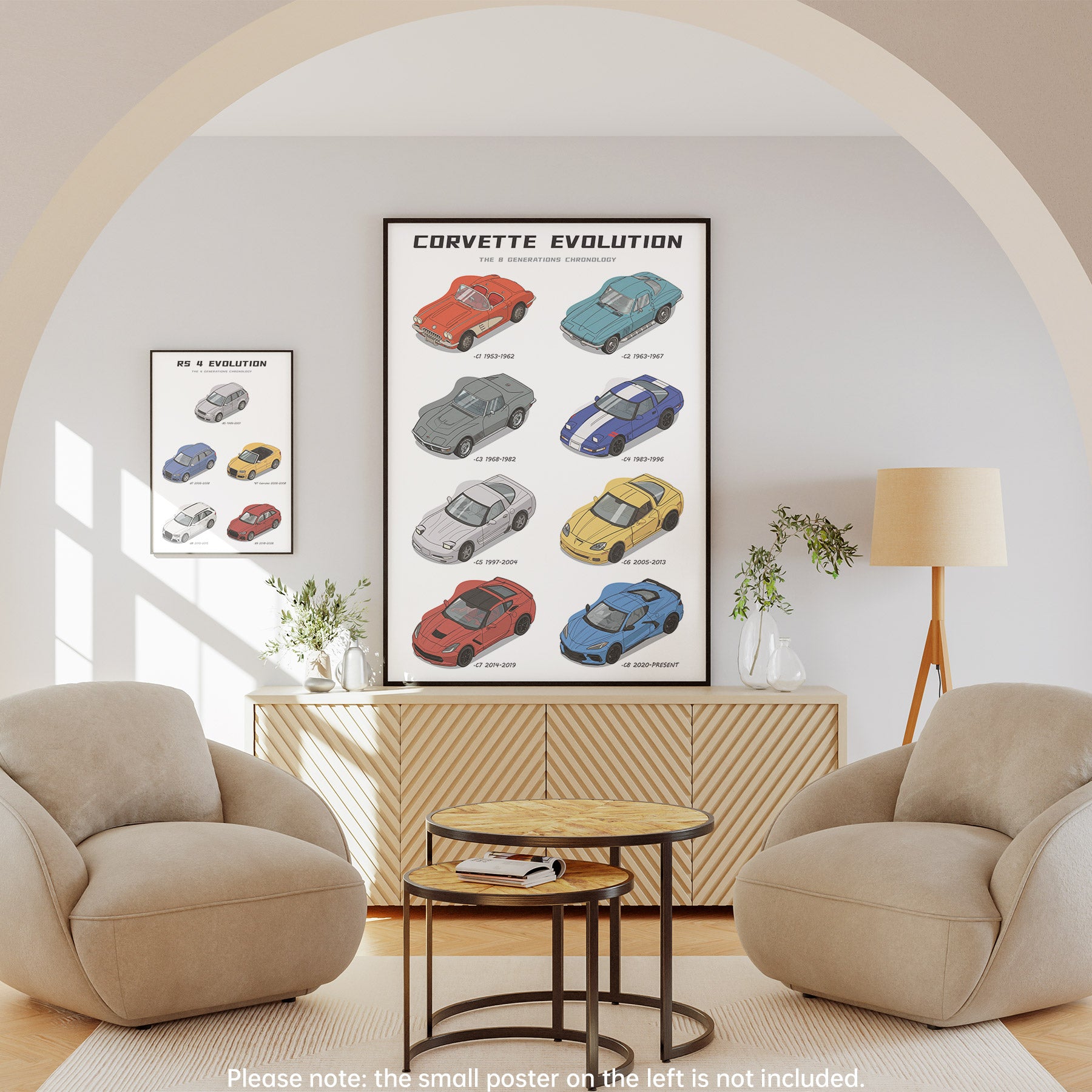 Living room with Corvette Evolution poster on the wall