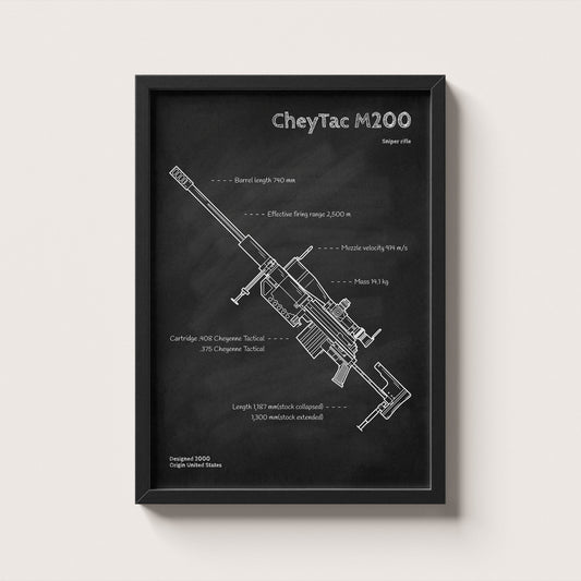 Framed Cheytac M200 sniper rifle blueprint poster - minimalist firearm wall art hanging on wall
