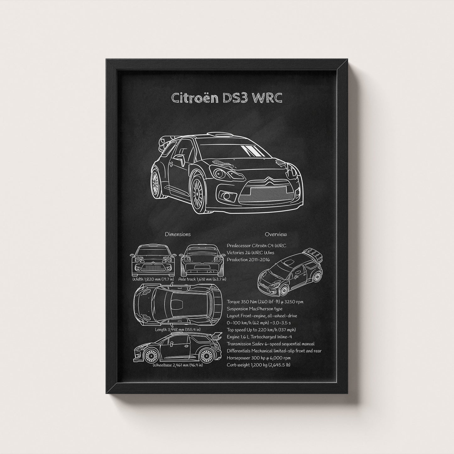 Framed poster of Citroen DS3 WRC with technical drawings on a white background