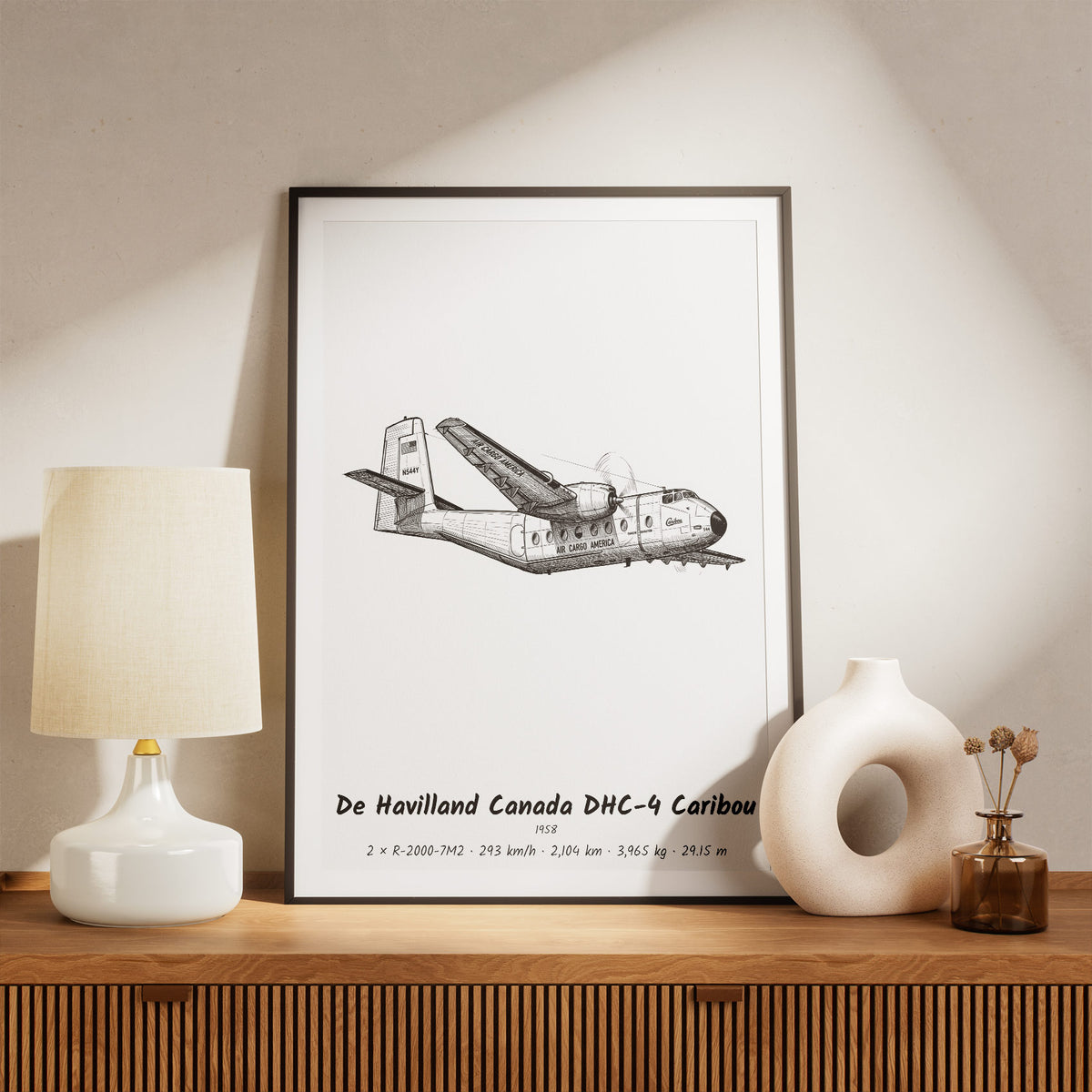 Framed De Havilland Canada DHC-4 Caribou Print on a Shelf