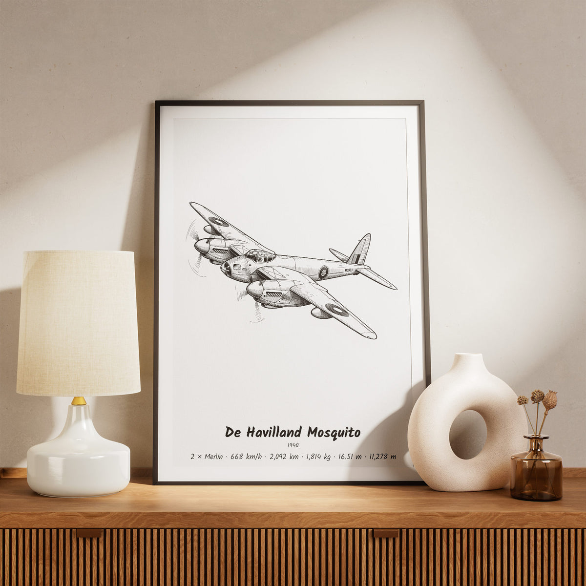 Framed De Havilland Mosquito Print on a Shelf