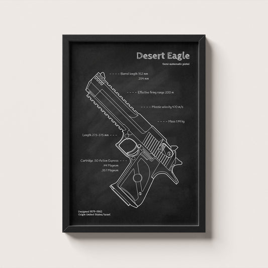 Framed Desert Eagle blueprint poster - minimalist firearm wall art hanging on wall